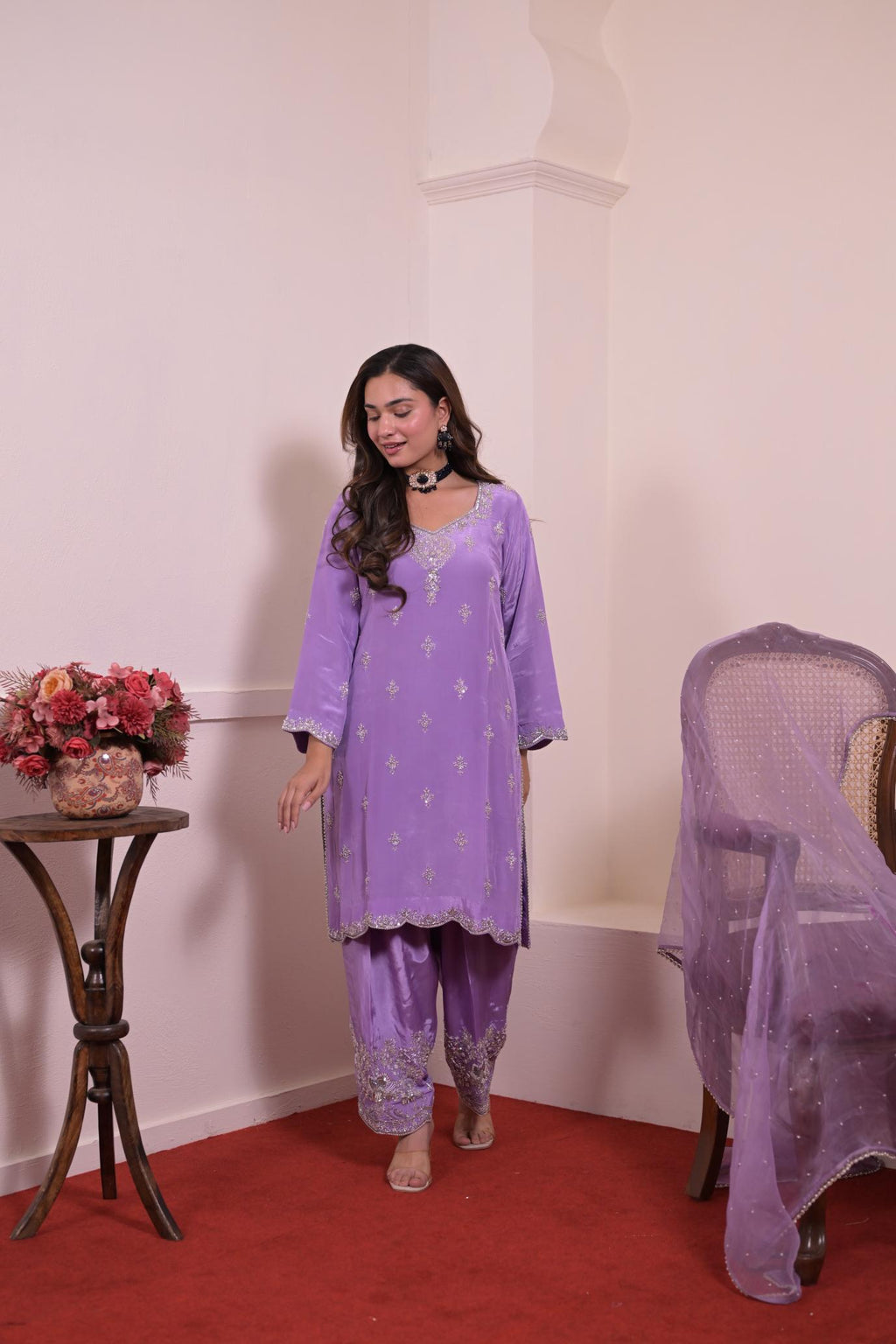Lavender Silk Hand-Embroidered Suit
