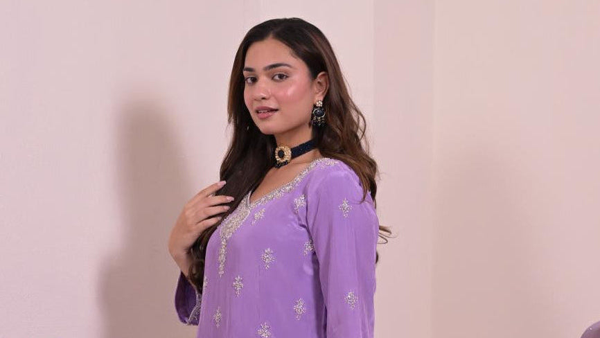 Lavender Silk Hand-Embroidered Suit