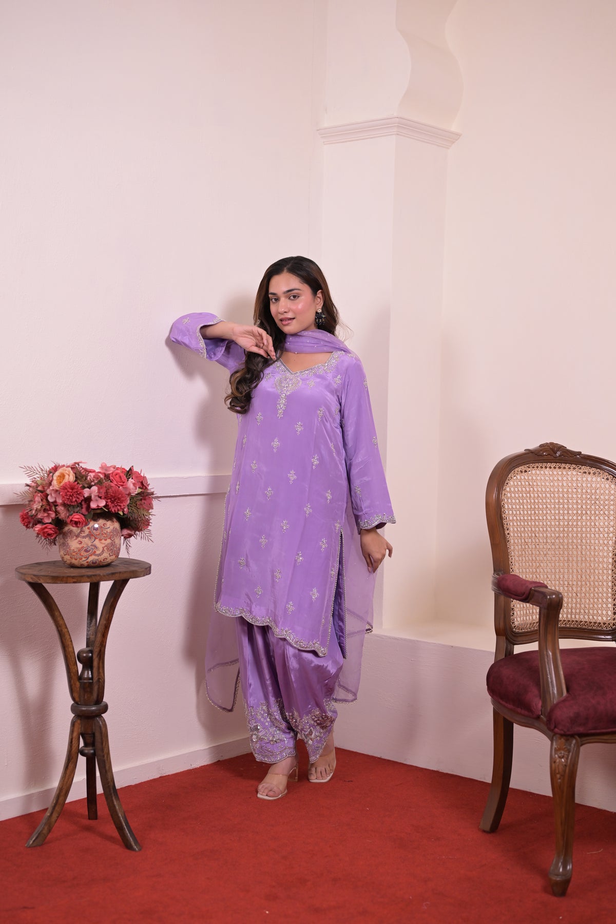 Lavender Silk Hand-Embroidered Suit