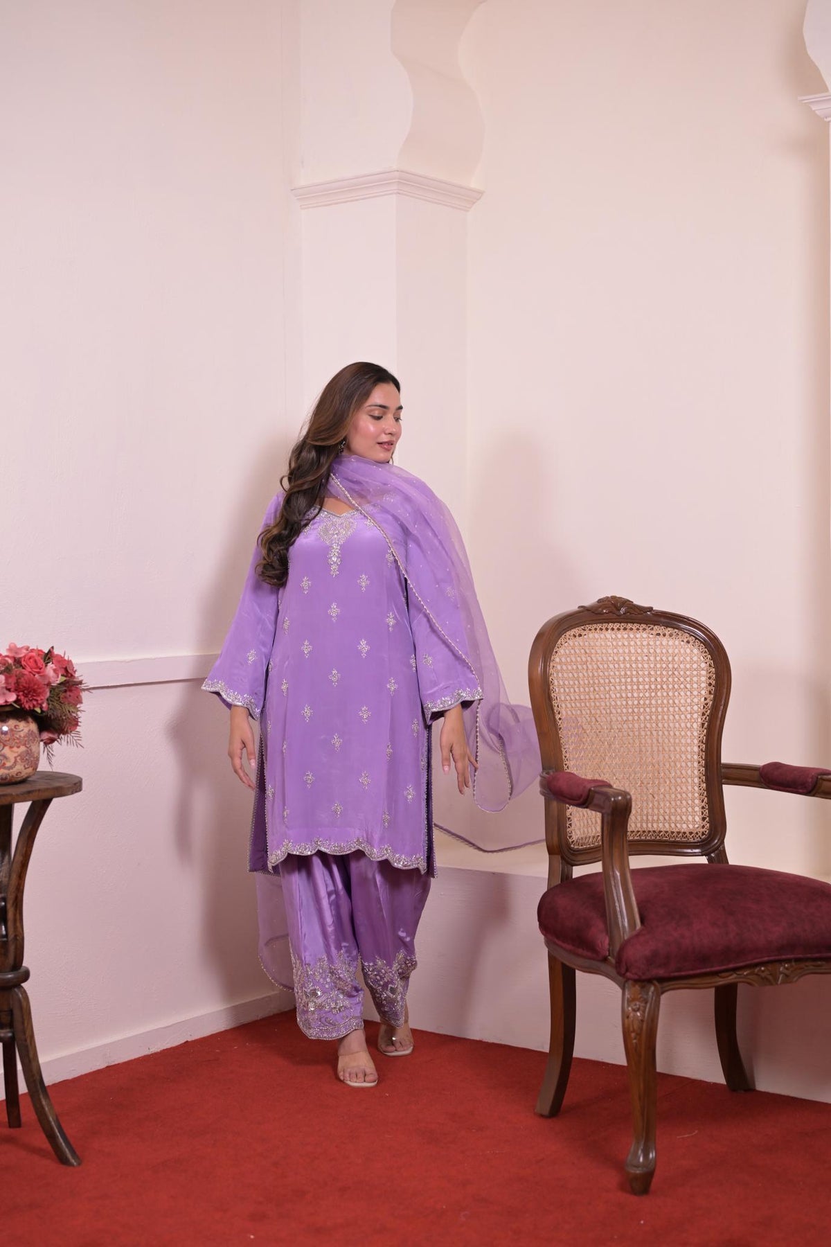 Lavender Silk Hand-Embroidered Suit