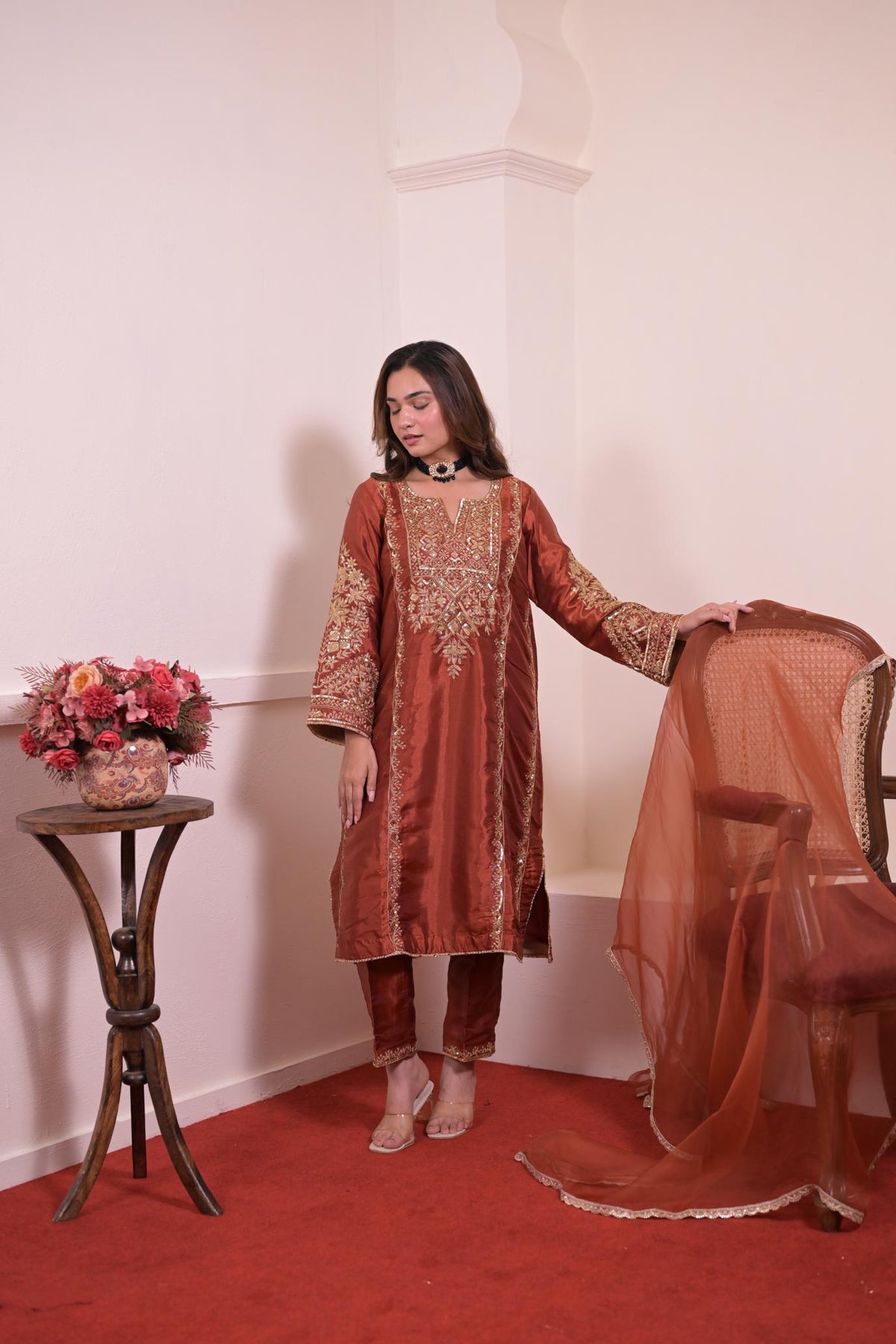 Rust Copper Silk Hand-Embroidered Suit