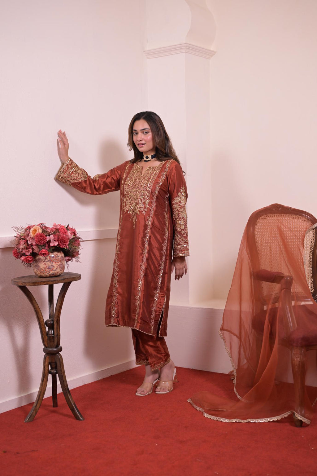 Rust Copper Silk Hand-Embroidered Suit