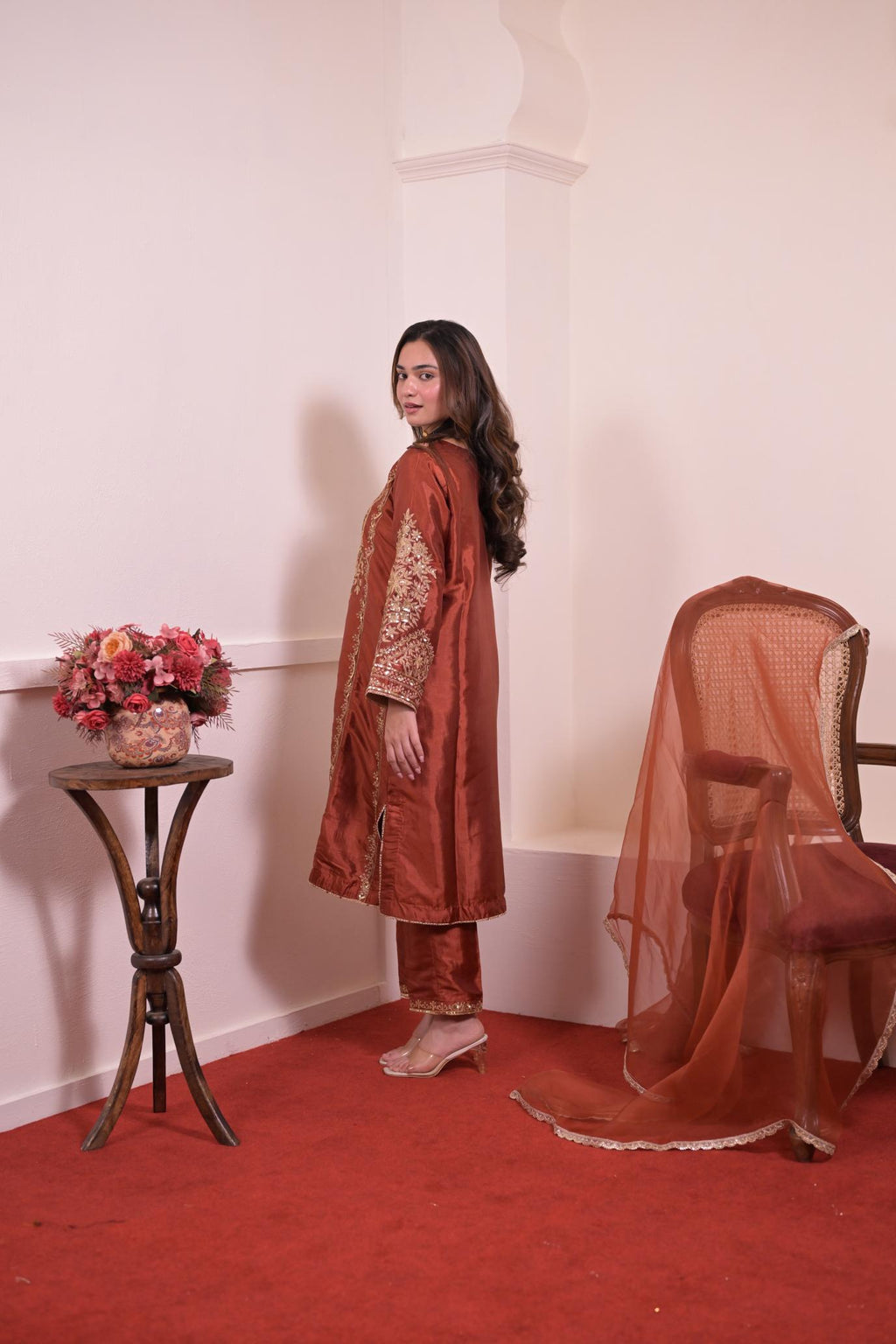 Rust Copper Silk Hand-Embroidered Suit