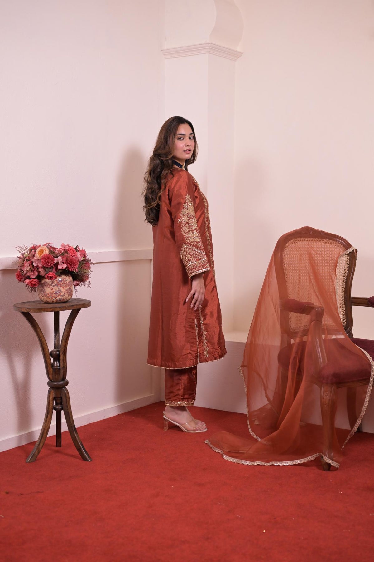 Rust Copper Silk Hand-Embroidered Suit