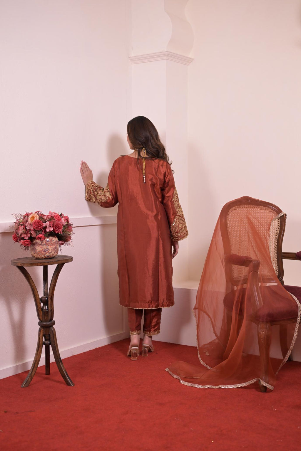 Rust Copper Silk Hand-Embroidered Suit