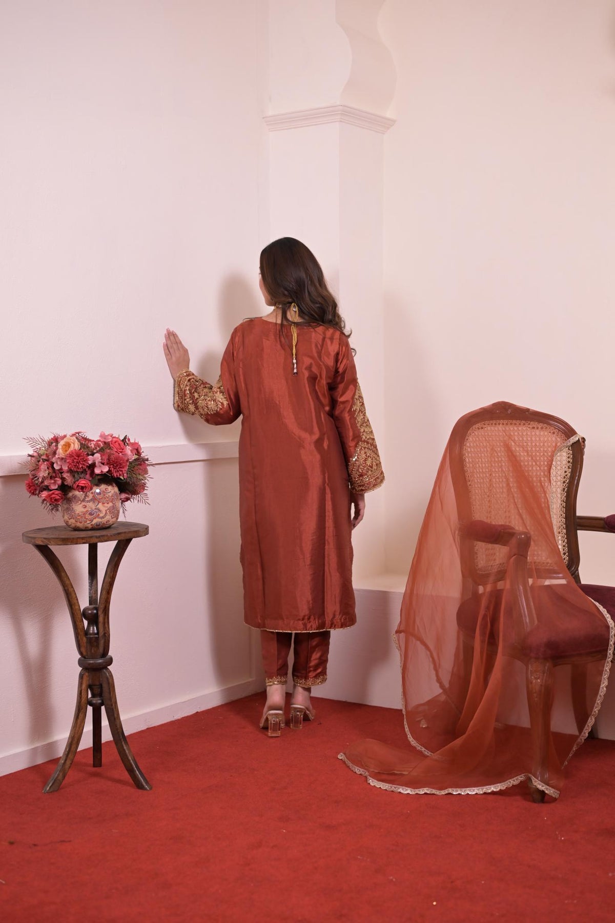 Rust Copper Silk Hand-Embroidered Suit