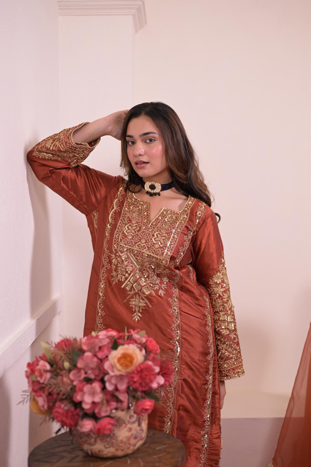 Rust Copper Silk Hand-Embroidered Suit