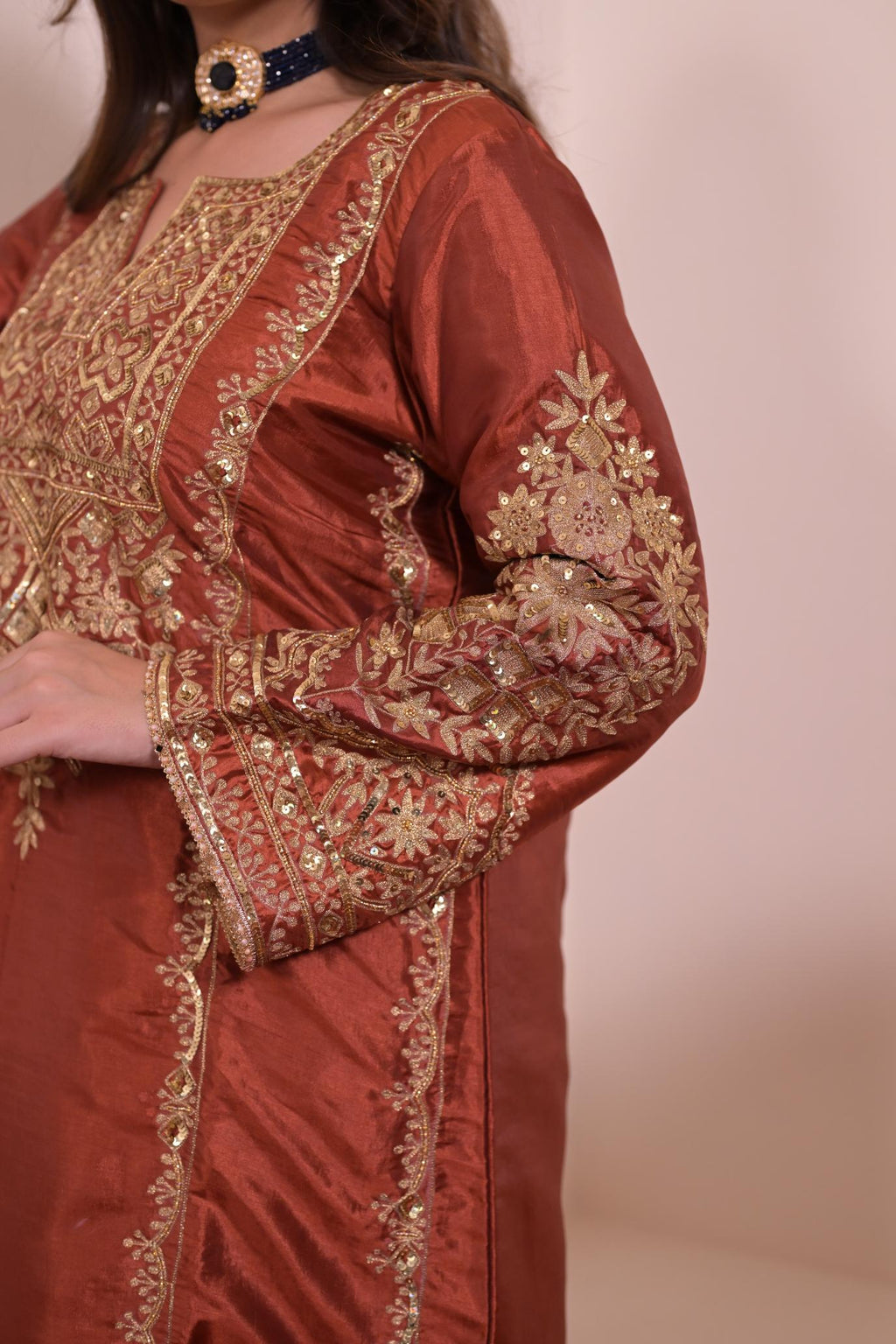 Rust Copper Silk Hand-Embroidered Suit