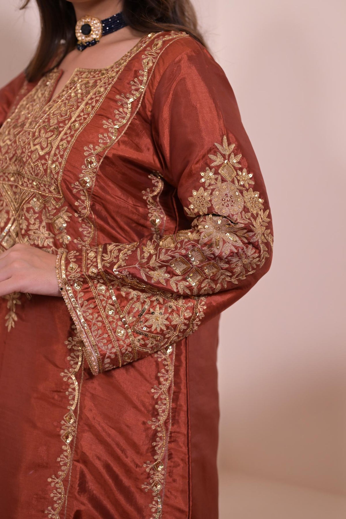 Rust Copper Silk Hand-Embroidered Suit