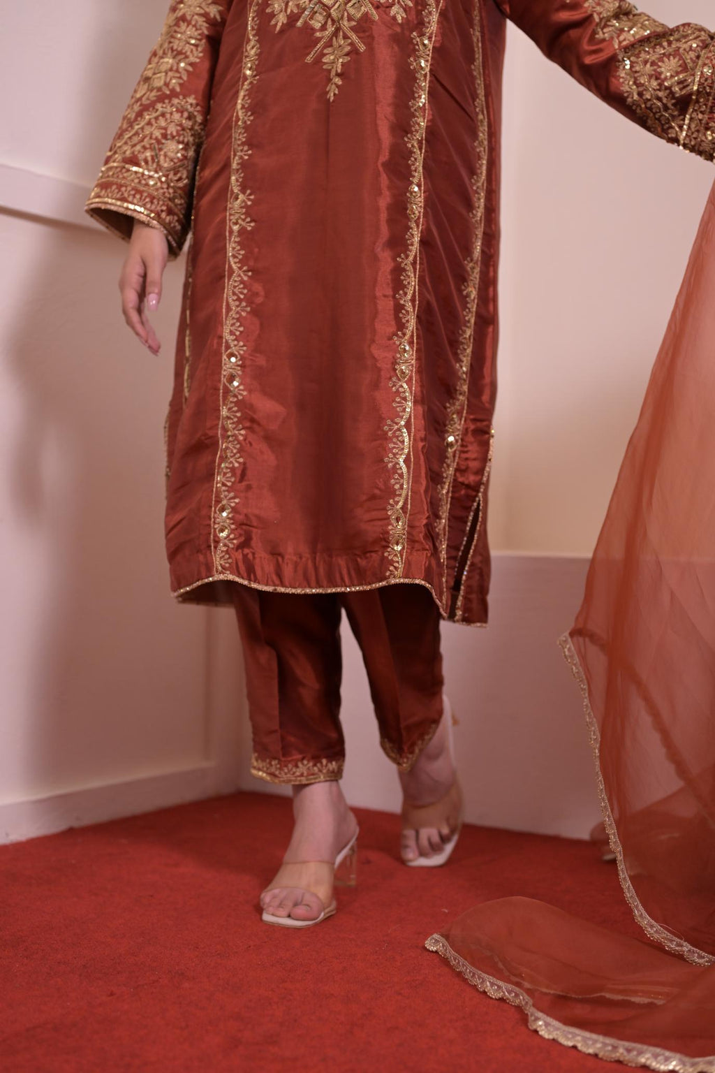 Rust Copper Silk Hand-Embroidered Suit