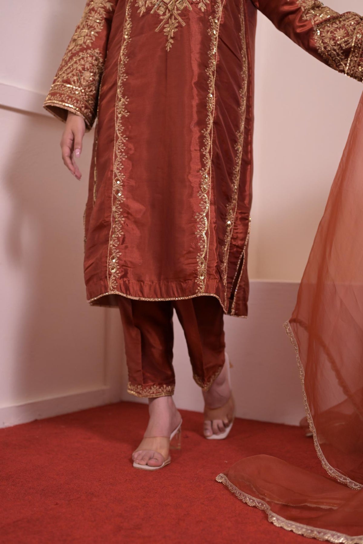 Rust Copper Silk Hand-Embroidered Suit