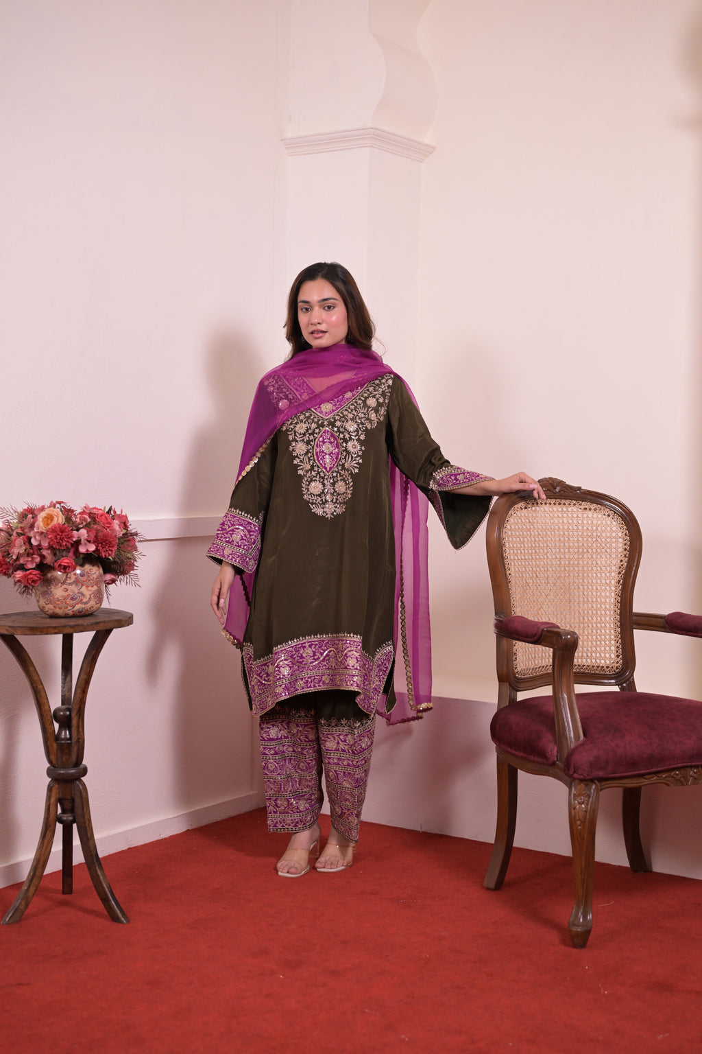 Noir Purple Hand-Embroidered Crepe Suit Set