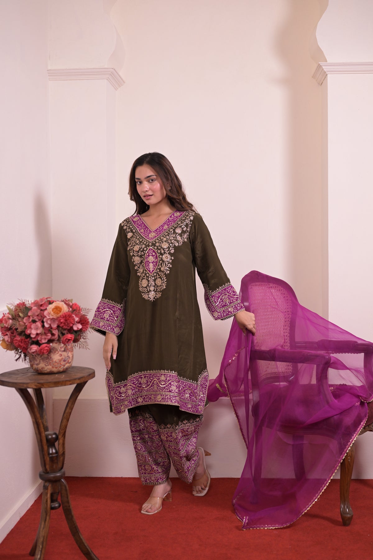 Noir Purple Hand-Embroidered Crepe Suit Set
