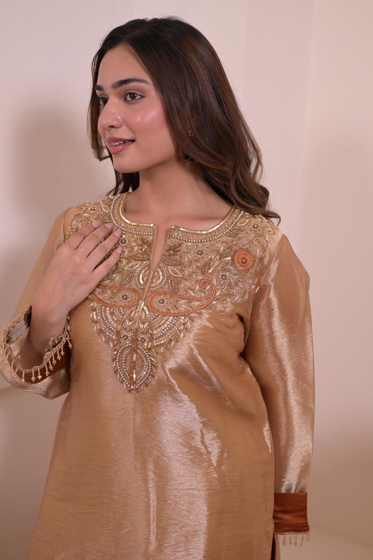 Champagne Gold Tissue Hand-Embroidered Suit