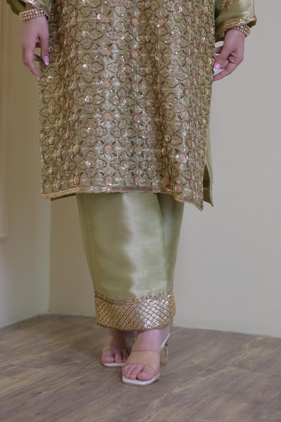 Regal Olive Pakistani Tissue Hand-Embroidered Suit