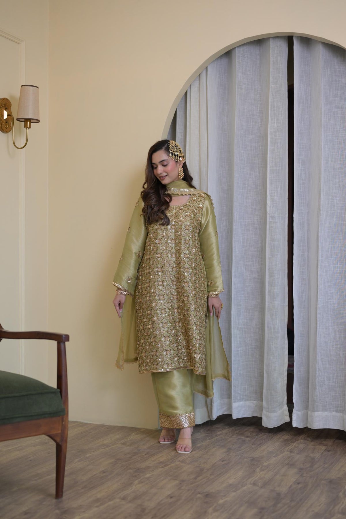 Regal Olive Pakistani Tissue Hand-Embroidered Suit