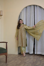 Regal Olive Pakistani Tissue Hand-Embroidered Suit