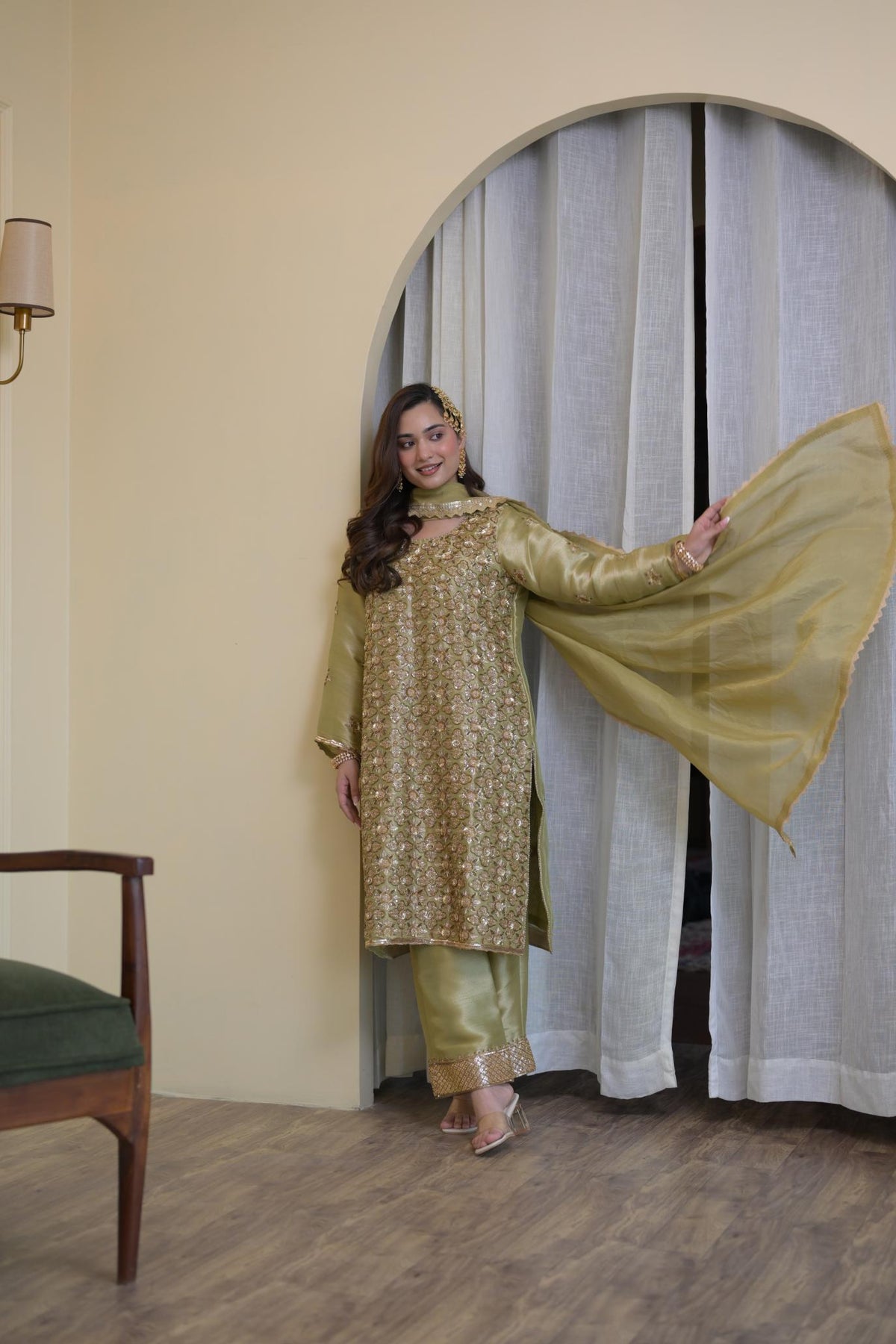 Regal Olive Pakistani Tissue Hand-Embroidered Suit
