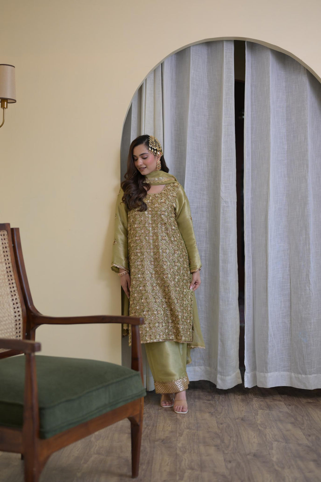 Regal Olive Pakistani Tissue Hand-Embroidered Suit