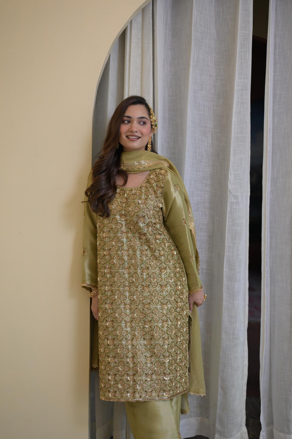 Regal Olive Pakistani Tissue Hand-Embroidered Suit