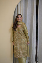 Regal Olive Pakistani Tissue Hand-Embroidered Suit