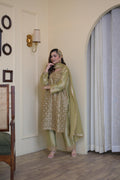 Regal Olive Pakistani Tissue Hand-Embroidered Suit