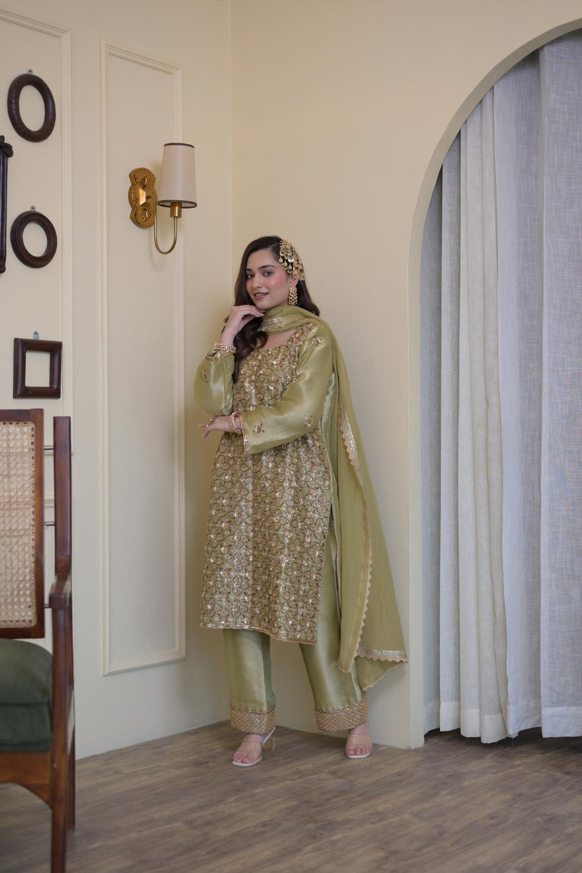 Regal Olive Pakistani Tissue Hand-Embroidered Suit