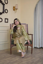 Regal Olive Pakistani Tissue Hand-Embroidered Suit