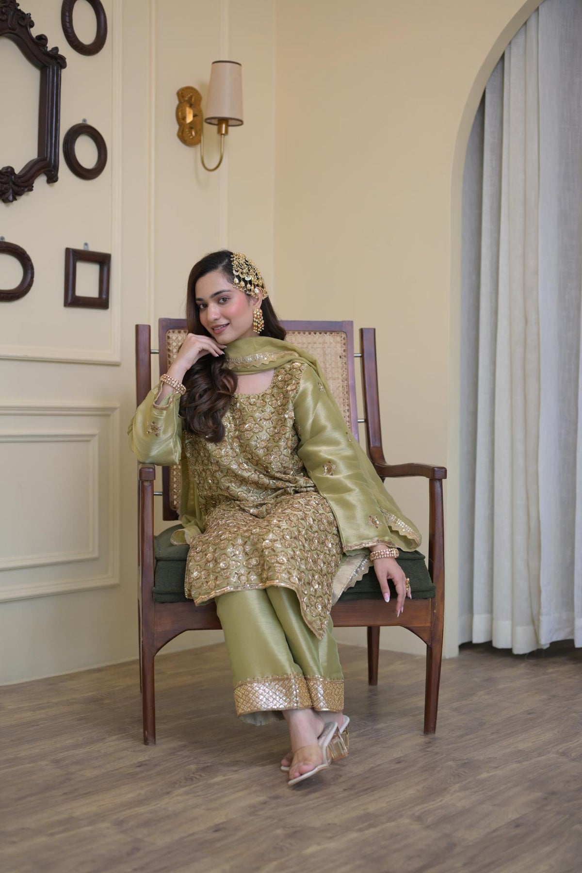 Regal Olive Pakistani Tissue Hand-Embroidered Suit