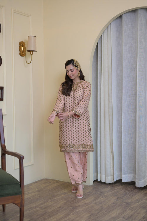 Blush Pink Pure Tissue Hand-Embroidered Suit
