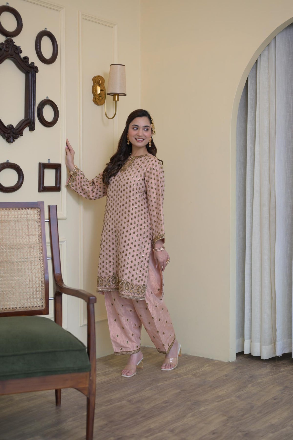 Blush Pink Pure Tissue Hand-Embroidered Suit