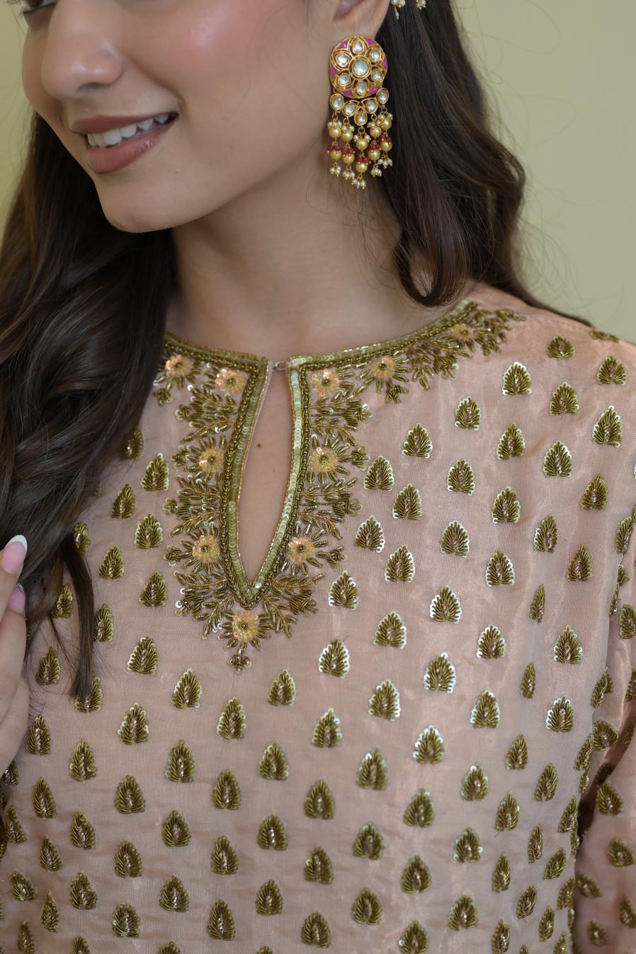 Blush Pink Pure Tissue Hand-Embroidered Suit