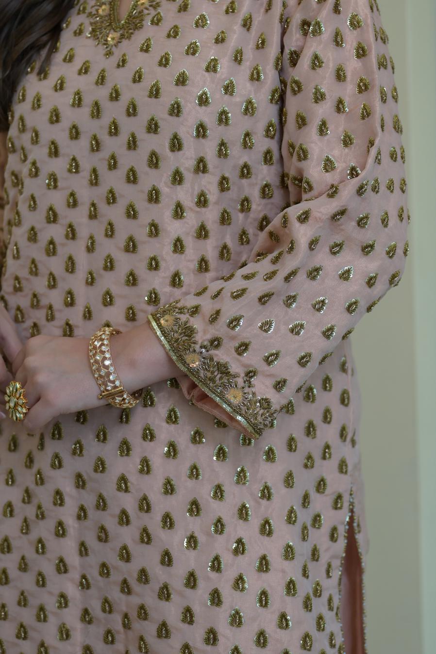 Blush Pink Pure Tissue Hand-Embroidered Suit