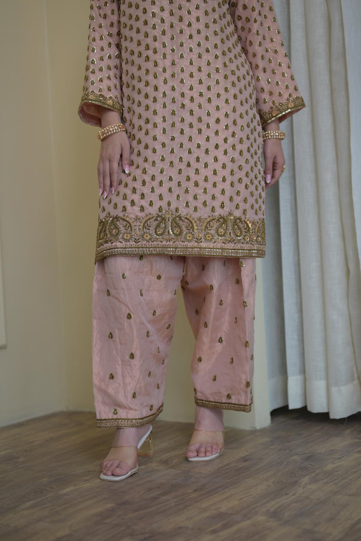 Blush Pink Pure Tissue Hand-Embroidered Suit