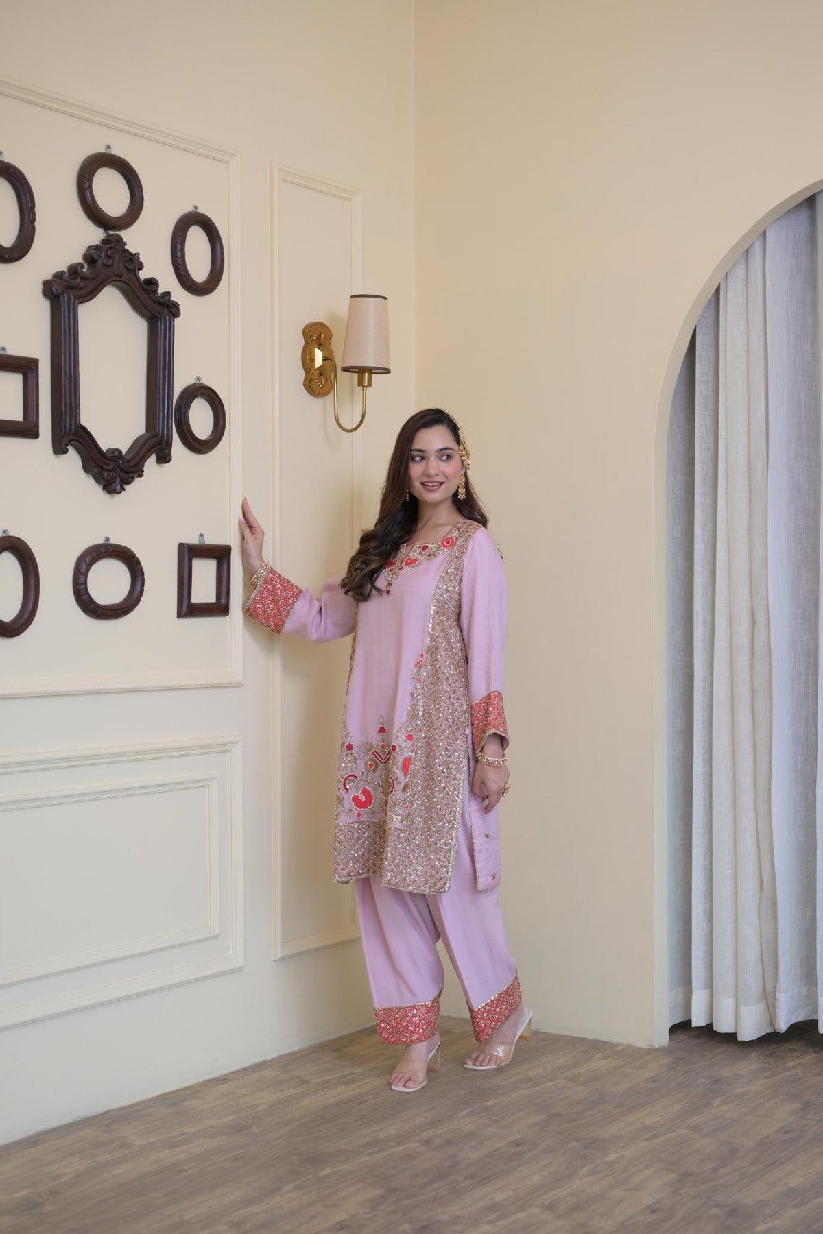 Blush Pink Pure Organza Hand-Embroidered Suit