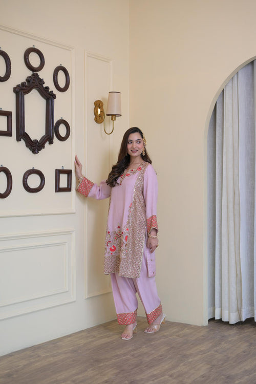 Blush Pink Pure Organza Hand-Embroidered Suit