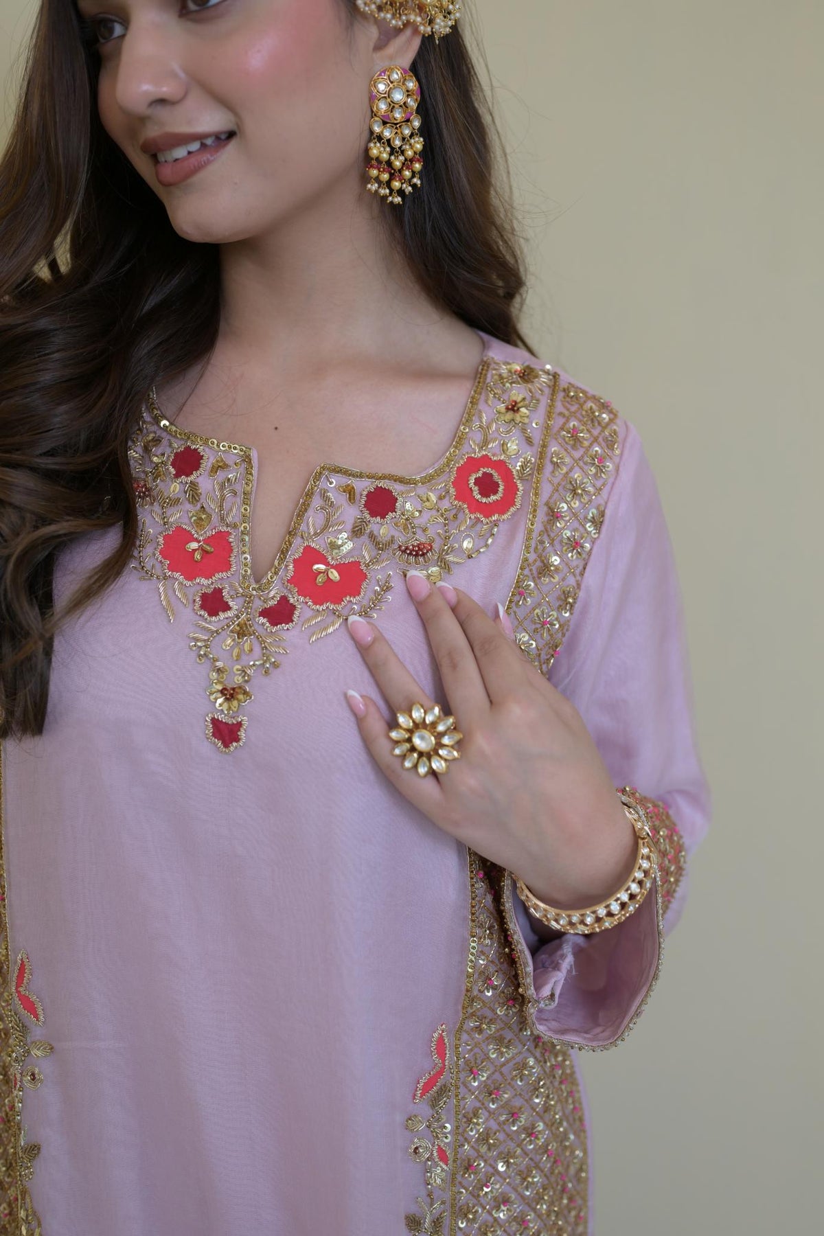 Blush Pink Pure Organza Hand-Embroidered Suit