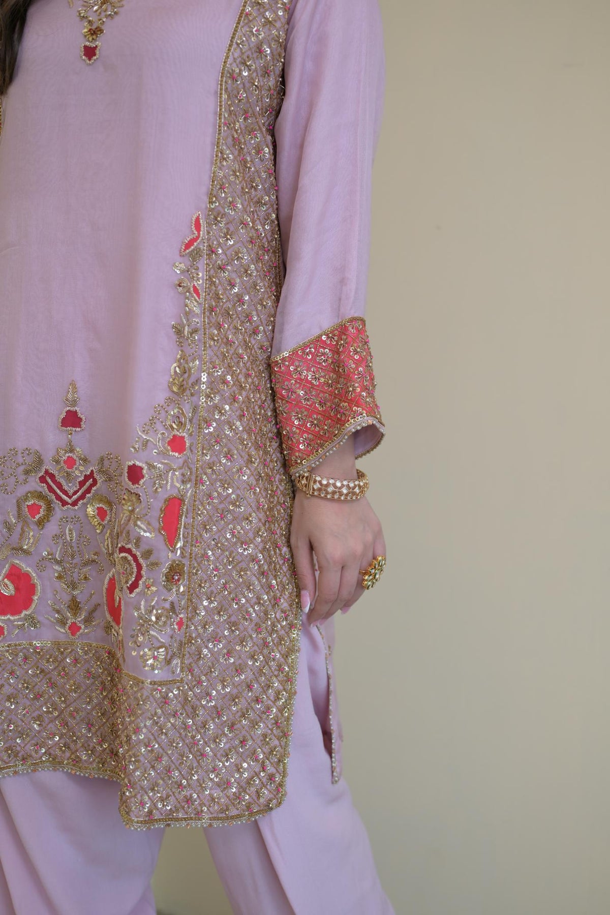 Blush Pink Pure Organza Hand-Embroidered Suit