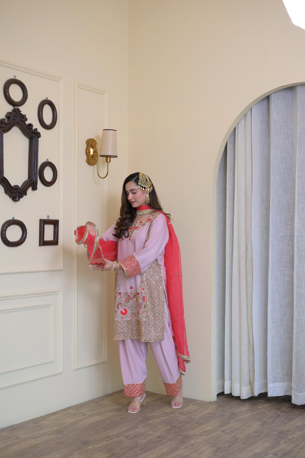Blush Pink Pure Organza Hand-Embroidered Suit