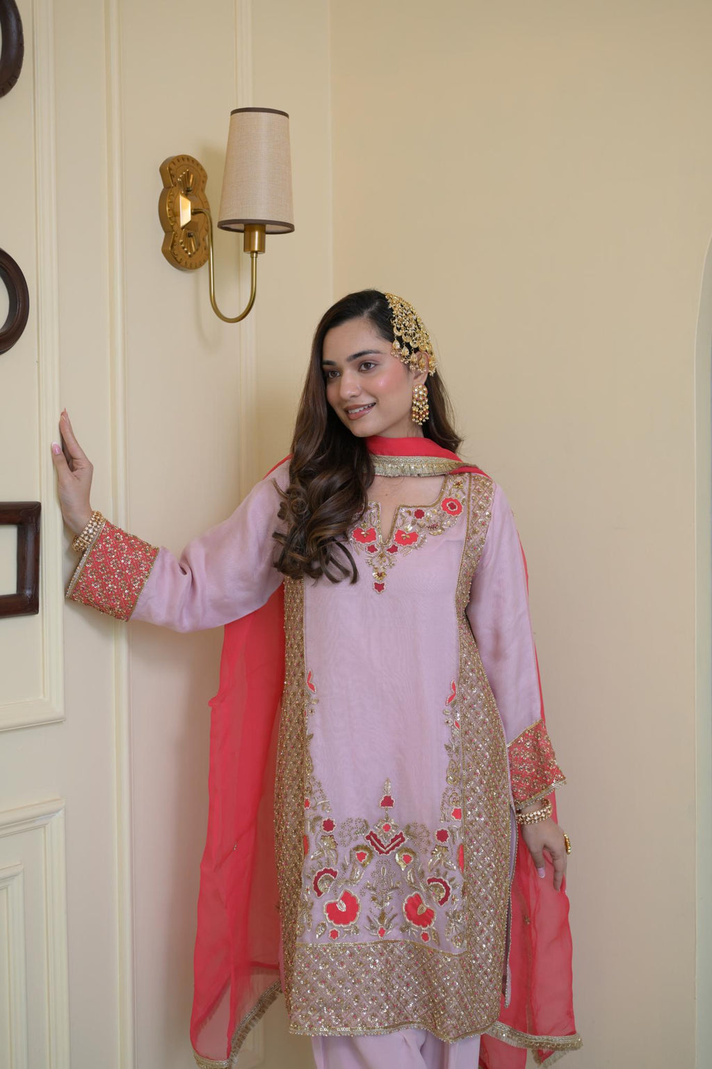 Blush Pink Pure Organza Hand-Embroidered Suit