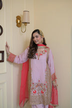 Blush Pink Pure Organza Hand-Embroidered Suit