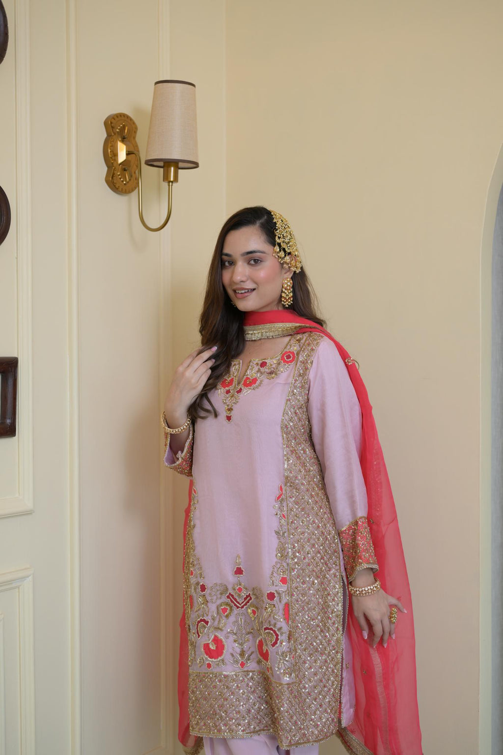 Blush Pink Pure Organza Hand-Embroidered Suit