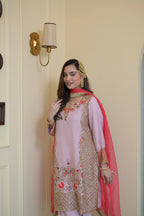 Blush Pink Pure Organza Hand-Embroidered Suit