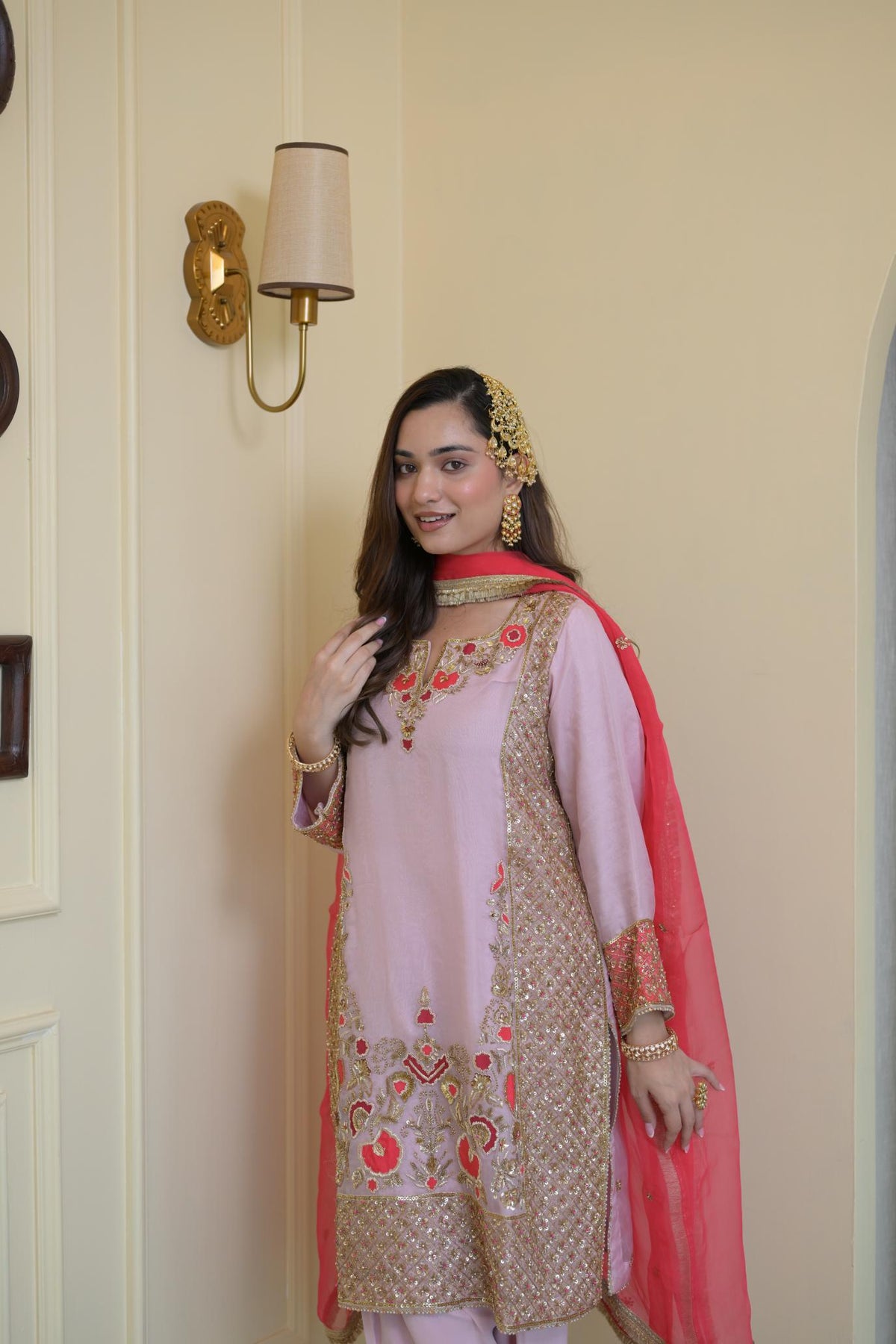 Blush Pink Pure Organza Hand-Embroidered Suit