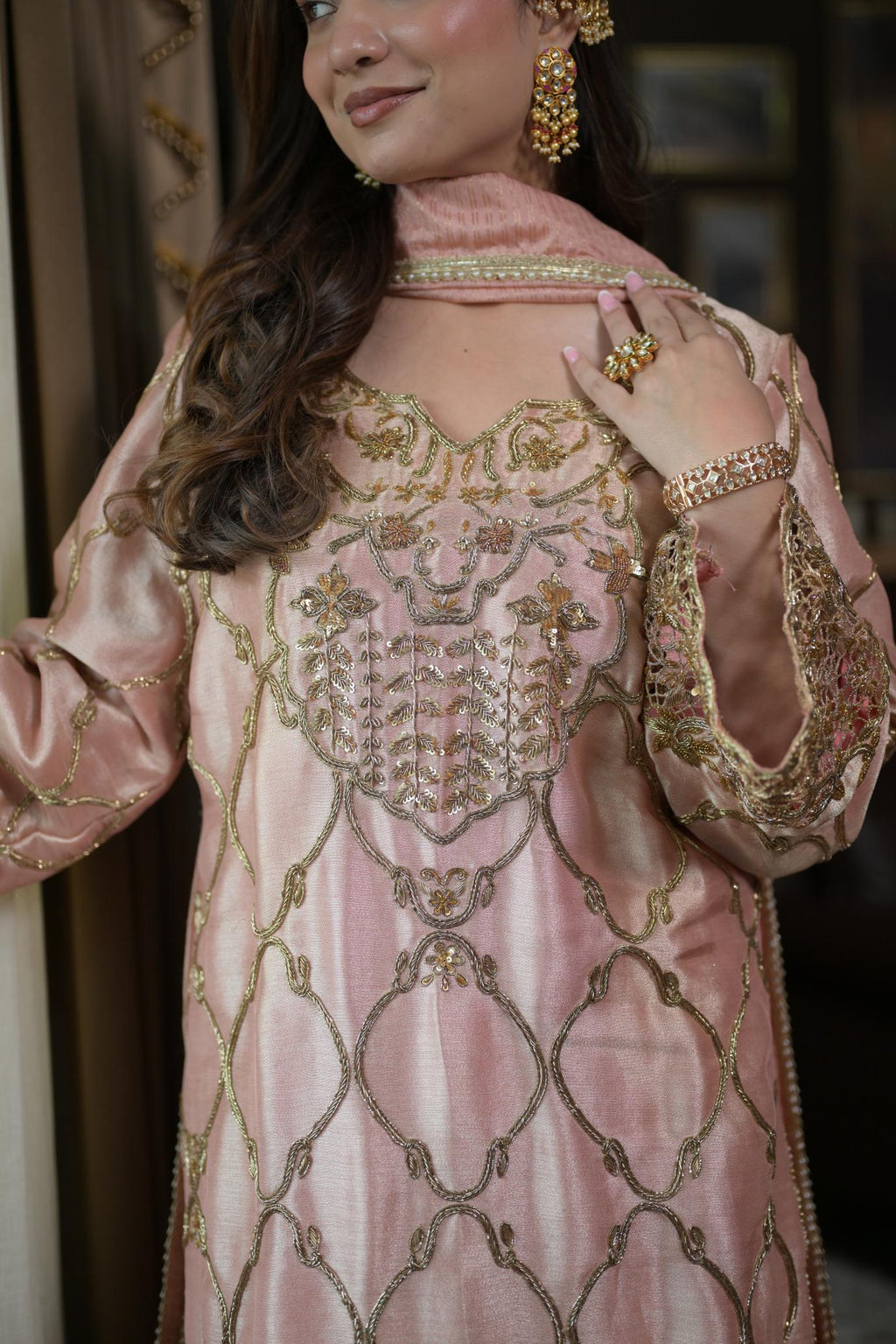 Blush Rose Pakistani Tissue Hand-Embroidered Suit
