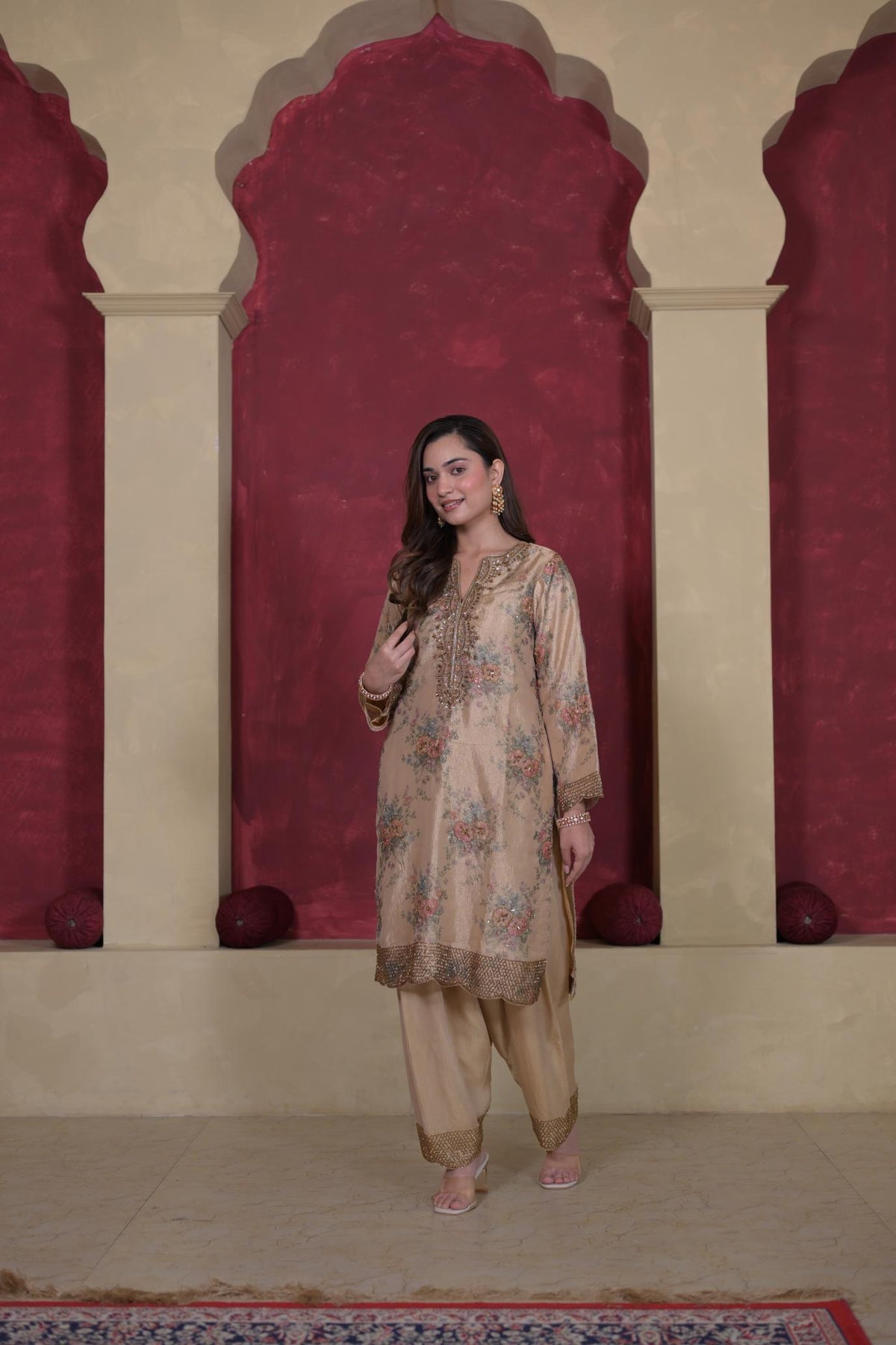 Ethereal Champagne Tissue Handwork Suit Set