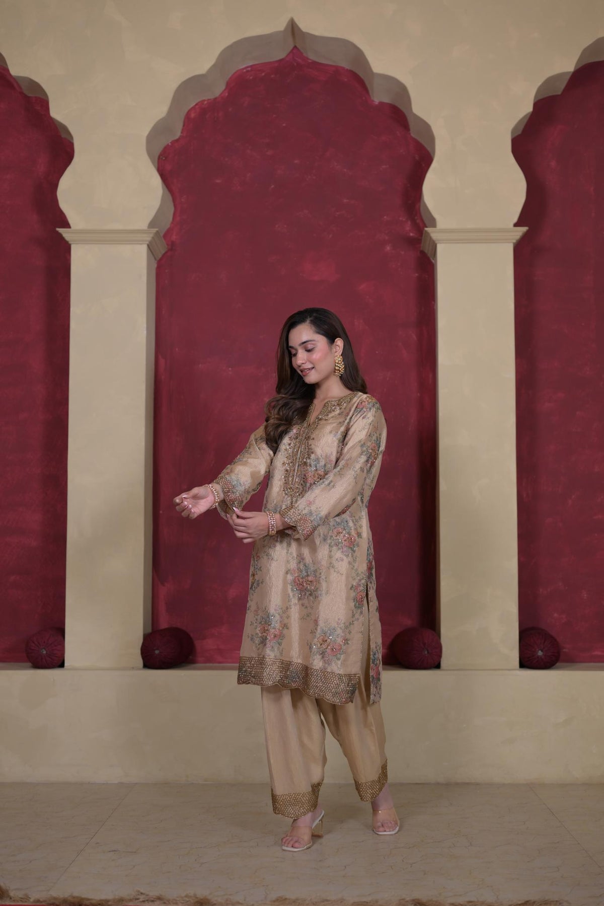 Ethereal Champagne Tissue Handwork Suit Set
