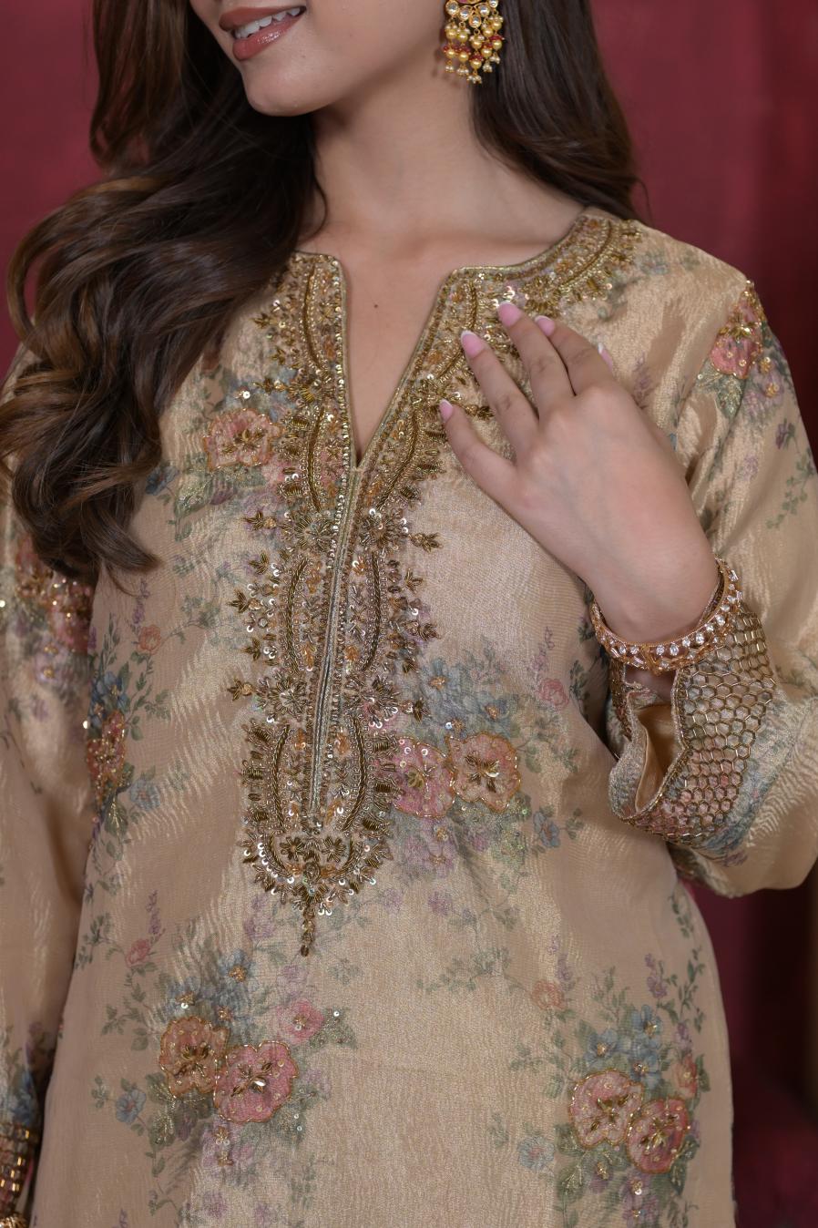 Ethereal Champagne Tissue Handwork Suit Set