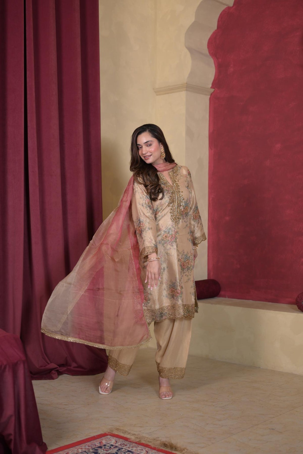 Ethereal Champagne Tissue Handwork Suit Set